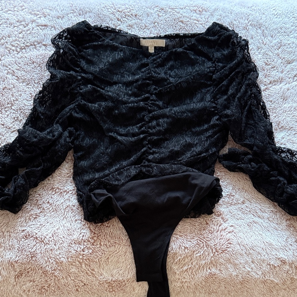 Wayf Black Lace Long Sleeve Bodysuit